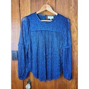 Anthropologie Moulinette Soeurs Blue Metallic Sheer Banded Long Sleeve Blouse S